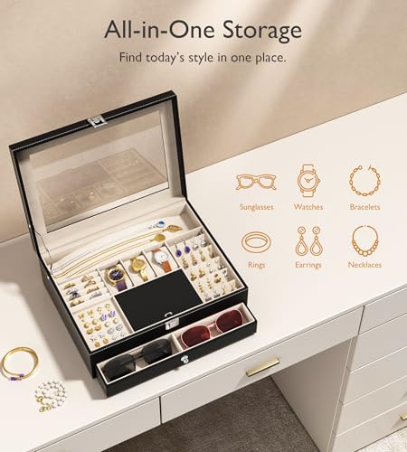 Image of NEWLOOP Jewelry Sunglasses Organizer for Women - 2 Layer Storage Box with 10 Eyeglass Slots 3 Watch Holders Necklace and Earring Compartments Velvet Lined Jewelry Box Eyeglass Box Watch Box Display