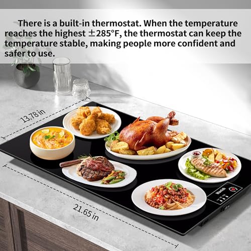Image of Electric Warming Tray,L 22 inchx14 inch,Tempered Glass Warming Mat for Food,Black | Keep Food Warm,Food Warmers For Parties Buffet Daily Gatherings,Temperature Adjustable,With Thermostat,Full Surface Heating
