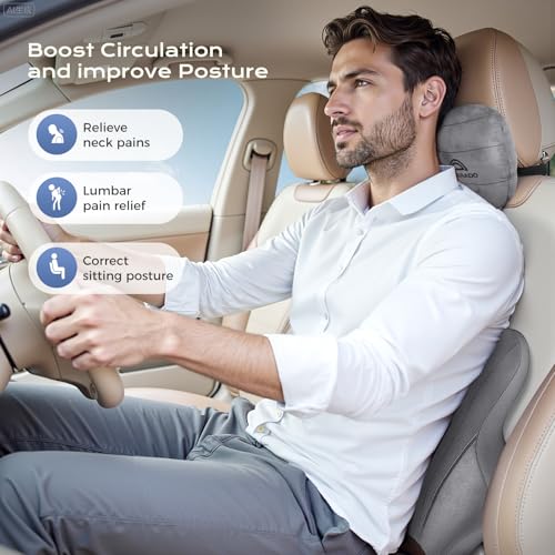 Image of Coverado Car Lumbar Support Pillow and Car Neck Pillow Kit, Ergonomic Design Car Headrest Pillow for Driving, Relax Back Head Muscles Relieve Driving Fatigue, Breathable & Removable Cover, Gray