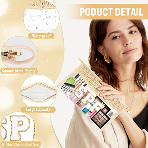 Clear Makeup Letter Patch Makeup Bag SPF Pouch, Boho Clear Toiletry Bag Travel Preppy Small Cute Stadium Letter Cosmetic Zipper Pouch Purse, Transparent Waterproof Beige Beach Makeup Pouch Clutch(SPF)3