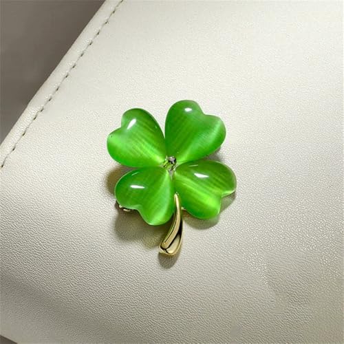 Image of Cats Eye Clover 4 Leaf Brooch Pin for Women Men Unisex Gold Plated Fashion Love Heart Shaped Flower Brooches Lapel Pins luck Decor Dress Accessories St Patrick's Day Birthday Holiday Jewelry Gift Souvenir