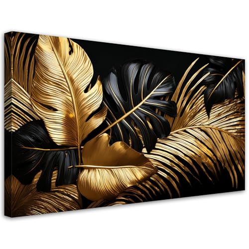 Feeby - Tableaux - Deco Tableau Murale - Feuilles dorées Glamour Loft - 120x60 1partie - Pour la Chambre et le Salon - Pour Chaque Pièce de Votre Appartement...