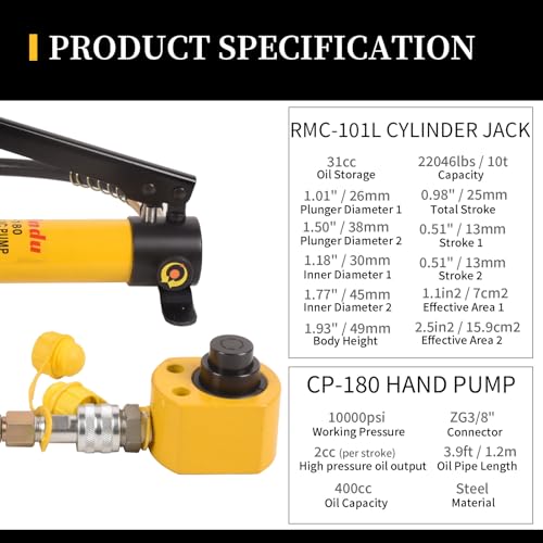 Image of Porta Power Kit 10T Multi Section Stroke Hydraulic Ram Cylinder Jack RMC-101L 0.98 inch Stroke Single-Acting + 400cc Hydraulic Hand Pump CP-180 for Machinery and Industry