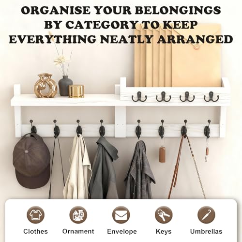 Perchero de pared de madera tipo B01 blanco con colgador para llaves integrado 7