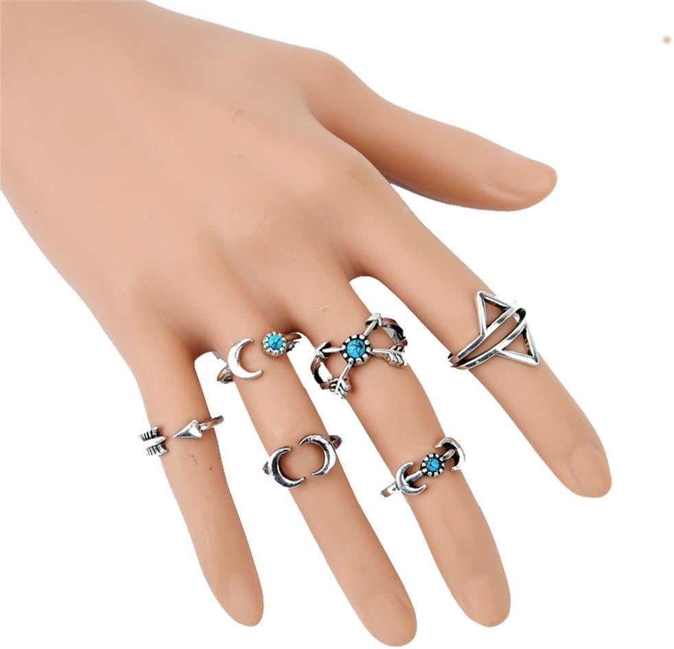 reg;6PCS Fashion Vintage Silver Turkish Beach Punk Arrow Moon Turquoise Joint Knuckle Nail Midi Ring Set