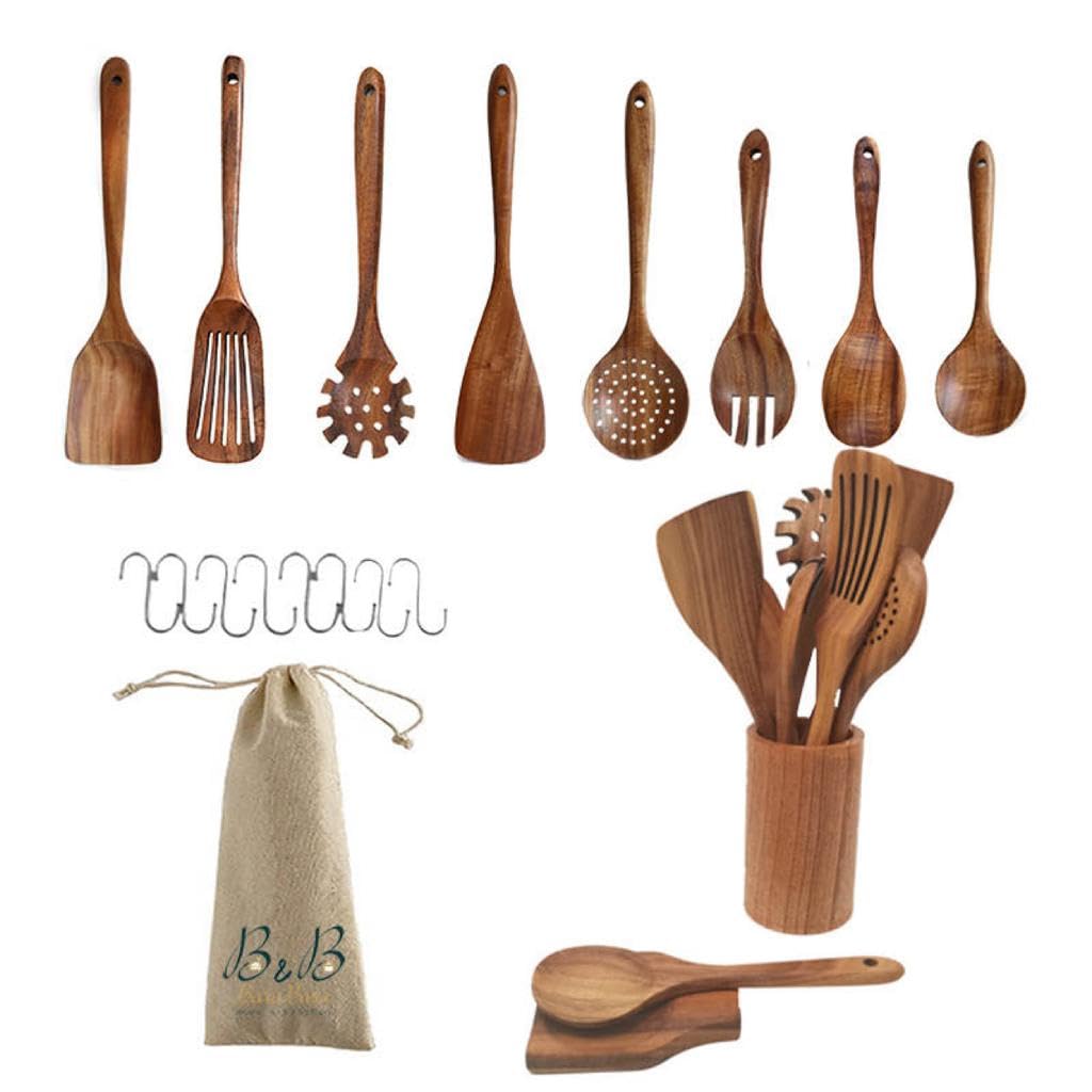 Küchenutensilien Set, Holzhalter, Löffelablage und Haken, 100% natürliches Teakholz Holz Küchenhelfer Set zum Kochen mit Spatel, Löffeln und Schöpfkelle in einem Stoffbeutel (19 Stück)