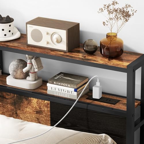 Livofloral King Size Headboard, Headboards with Charging Station, USB Port and LED Light, Head Board with 2-Tier Storage Shelf, Adjustable Height, Easy Assembly, Sturdy and Stable, Rustic Brown