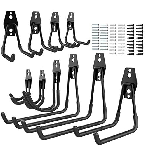 10-Pack Steel Garage Storage Utility Double Hooks, Wall Mount Hooks, Heavy Duty 5 Sizes for Organizing Power Tools, Ladders, Bulk Items, Bikes, Ropes Helmet Skateboard Garden Tool(Black)