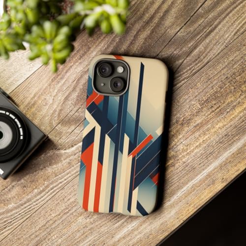 Coque iPhone 15 rigide mate lignes abstraites géométriques orange et bleu - 3