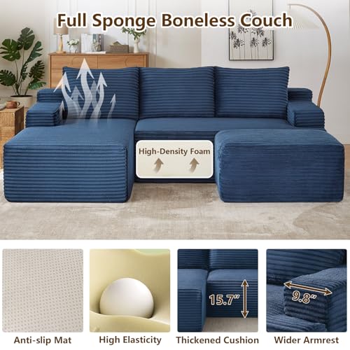 Image of 96 inch U-Shape Cloud Couch, Modern Modular Sectional L-Shape Sofa with Ottoman, Corduroy Upholstered Couches Deep Seat Sleeper Chaise Longue for Living Room, No Assembly Required(Blue, Left Facing)