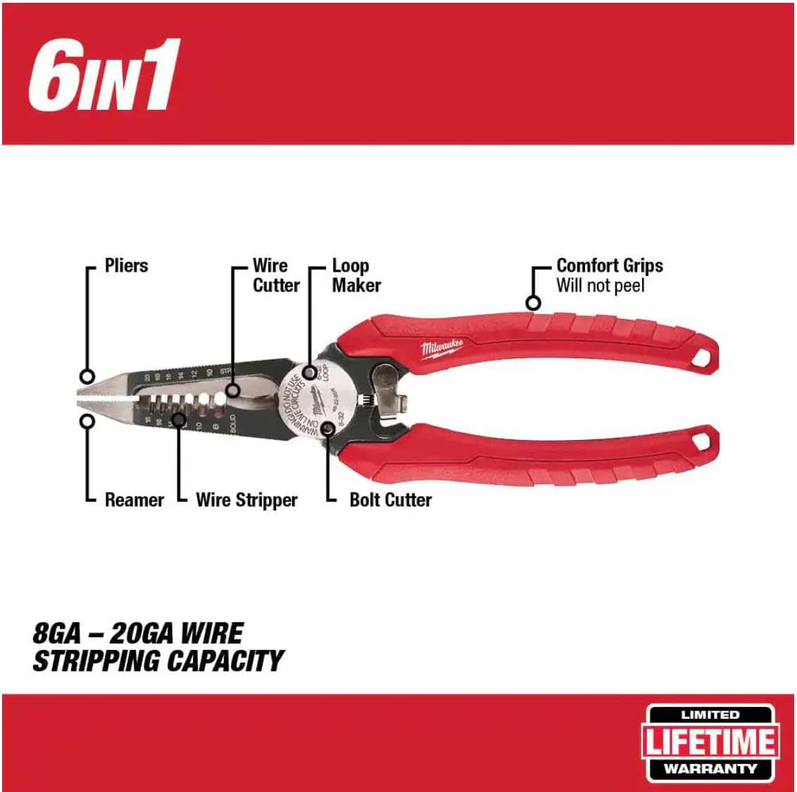 Milwaukee 48-22-3079 6-In-One Combination Wire Stripping and Reaming Pliers for Electricians