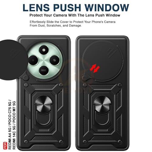 Image of Armor Bumper Back Cover Case for Redmi A4 5G / Redmi 14C 5G / Poco C75 5G / Poco M7 5G Rotating Camera Cover, Ring Holder & Kickstand | Heavy Duty & 360 Degree Protection Back Cover (Black)