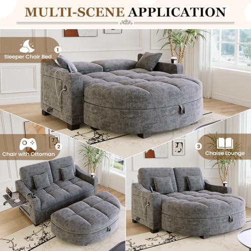 Image of 60 inch Loveseat Chaise Lounge Chair with Ottoman, Tufted Chenille Chaise Sofa with Storage & Adjustable Back / Side Table / USB Charging, Cozy Reading Lounge Chair and A Half for Living Room, Office, Grey
