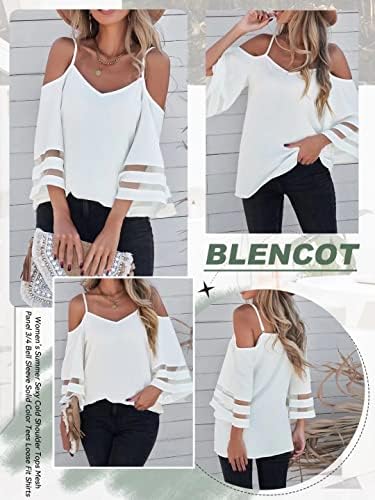 BLENCOT Ladies's Informal Strappy Off Shoulder Sheer Panel 3/4 Bell Sleeve Chiffon Blouses Free Shirts Tops 2 5140jWa0OlL. AC