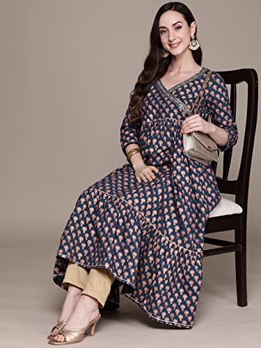 Image of ishin Women's Cotton Navy Blue Embellished Foil Print Anarkali Flared Kurta