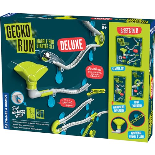 Gecko Run Marble Run Deluxe Starter Set by Thames & Kosmos – Vertical Marble Run w/Flexible Tracks, Loop & Trampoline Tricks, Fast, No-Mess Setup, Residue-Free Nano-Adhesive Pads for Creative Play