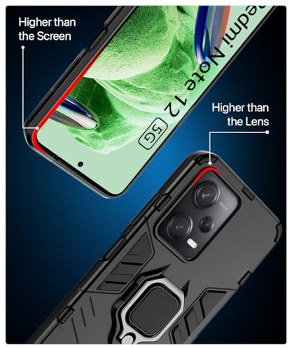 Image of WOW IMAGINE Shock Proof Back Case Mobile Cover for Xiaomi Redmi Note 12 5G | Poco X5 5G | Back Cover Case (Tough Armor | Hybrid PC + TPU | Ring Holder & in-Built Kickstand | Black)