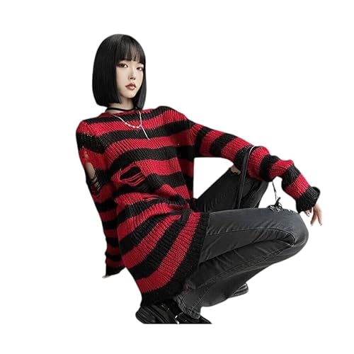 [NAMEOF] ボーダーダメージニット セーター フリーサイズ パンク 病みかわ Y2K フェアリーグランジ ゴシック ロック ユニセックス フェアリーグランジ レッド