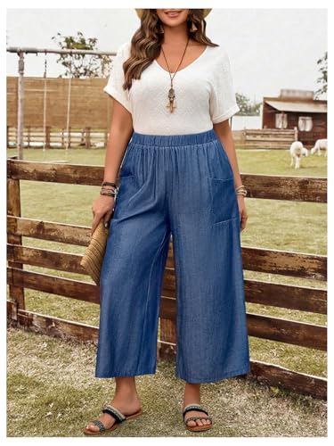 Women's Plus Size Elastic Waist Pants Wide Leg Classic Casual Cropped Trousers with Pockets4