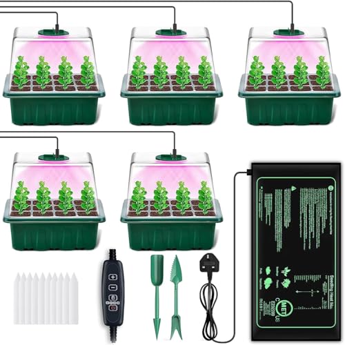 YAUNGEL Seed Starter Tray with Grow Light, 5 Pack Seed Starter Kit with Heat Mat, Seedling Starter Trays with Timing Controller Adjustable Brightness, Thicken Trays with Humidity Domes Heightened Lids