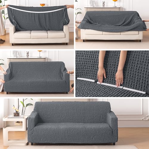 Image of HOKIPO 'Aria Nova' 280 GSM Elastic 2 Seater Bubble Sofa Cover Stretchable Slipcover, Dark Grey (AR-6209-DGRY)