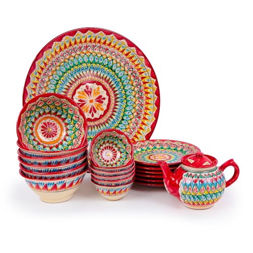 Rishtan Keramik Lagan Plov-Set Mehrob Rot Kombiservice Tafelservice| Handbemalt Usbekistan | Ljagan Plate Teller | Orientalisches Geschirrset Personen | Ляган сервиз для плова (21)