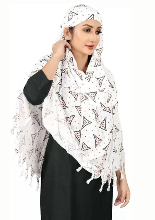 Image of Cotton Long Scarf Cum Mask Scarves Usable for Vehicle Driver | White Printed Design Fabric | Universal Size | Soft & Breathable Sun Protection | For Girl & Women