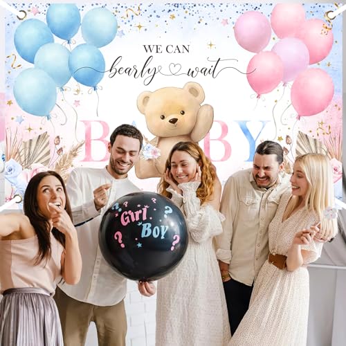 Image of Avezano Boho Bear Gender Reveal Backdrop Banner Boho Floral We Can Bearly Wait Gender Reveal Decorations Pampas Grass He or She Baby Shower Party Decor (6x3.6ft)