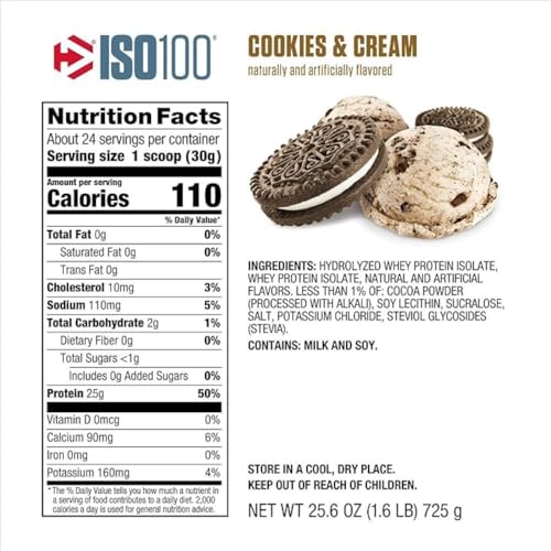 Image of Dymatize ISO100 Hydrolyzed Protein Powder, 100% Whey Isolate Protein, 25g of Protein, 5.5g BCAAs, Gluten Free, Fast Absorbing, Easy Digesting, Cookies and Cream, 1.6 Pound
