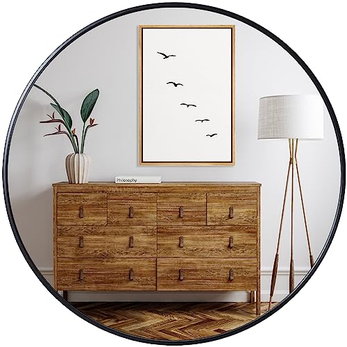 G-Leaf 36 Inch Round Mirror, Metal Frame Wall Mounted Large Circle Mirror For Washing Room, Living Room, Home Decoration,Black #TOP12