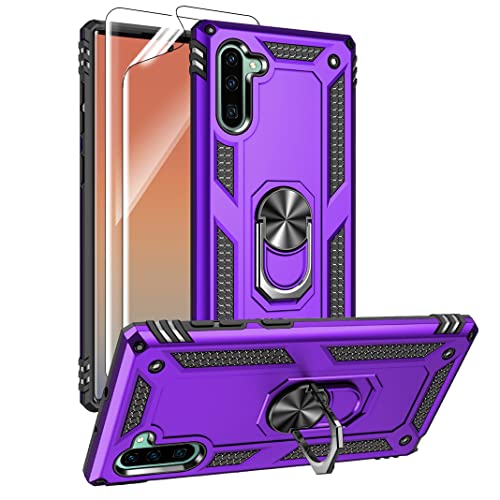 for Samsung Galaxy Note 10 Case, Note10 Case with HD Screen Protectors, Military-Grade Metal Ring Holder Kickstand 15ft Drop Tested Shockproof Cover Case for Samsung Note 10 (2019) Purple