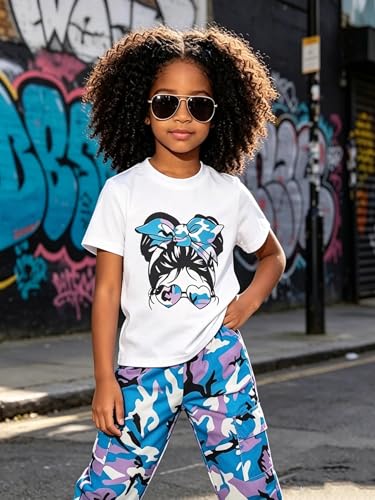 Image of Girls 6 Piece Outfits Casual Cargo Jogger Pants and Basic Love Graphic Print Short Sleeve Top Set 4-12 Years