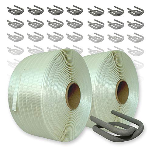 Preisvergleich Produktbild 2 Rollen gewebtes HD Umreifungsband 19 mm + 300 Metallklemmen Umreifungsset