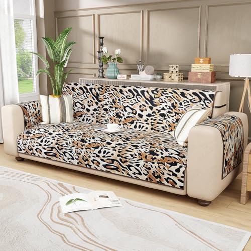 Lukzer 4 Seater Quilted Reversible Leopard Print Sofa Cover Mat with Arms | Polyester Blend 350 GSM Full Coverage & Back Belt for Stability | Washable Furniture Protector (210-220CM/SC-220-04)