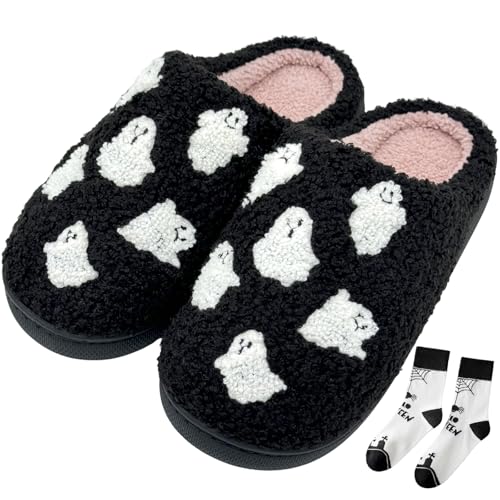 FOCUSIN Halloween Pumpkin House Slippers for Women - Fluffy Soft Cozy Bedroom Spooky Shoes for Indoor Outdoor Use