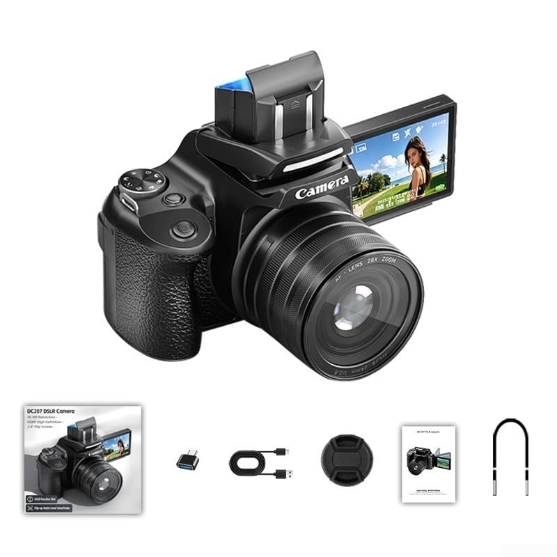 Cámara digital, 68MP con pantalla abatible, zoom 28X, visor de video 4K, cámara réflex digital de alta definición, accesorios de fotografía para vlogging (parasol de lente de cámara)