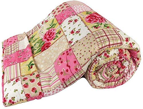 LOVEKUSH Floral/Check Printed Single Bed Reversible Cotton AC Dohar Blanket Lightweight Quilt /Duvet (Pink)