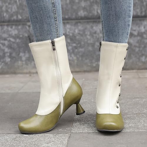Alyaafifa Leather Boots for Women Wide Width Closed Round Toe Kitten Heel Mid Calf Boots Tow-Toned Vintage Victorian Riding Boots with Zipper Studded Rivets Retro Wingtip Dressy3