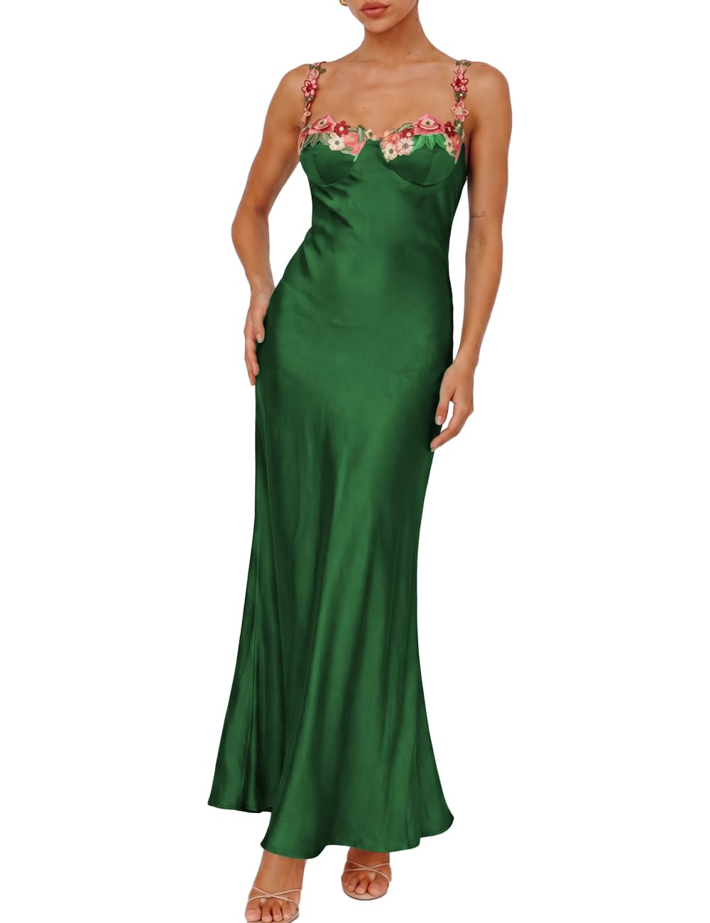 Realtix Satin Spaghetti Strap Floral Maxi Dress for Women Wedding Guest