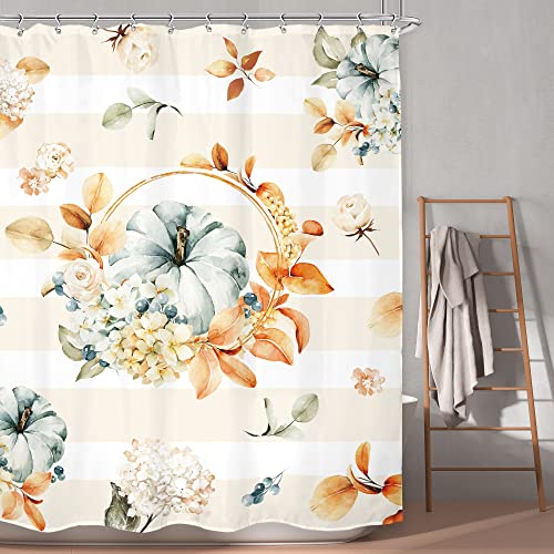 LGhtyro Aquarell Kürbis Herbst Duschvorhang Badezimmer Set 152 x 180 cm Blumenmuster Herbst Erntedankfest Ernte Blätter Hortensien Blume Streifen Bad Zubehör Kunst Heimdekoration Stoff 12 Stück Haken Cover