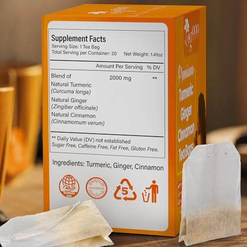 Image of TOG999, Premium 20 Tea Bags Turmeric, Ginger, Cinnamon, 100% Natural, Hand-made Blend of Turmeric, Ginger, and Cinnamon Herbal Tea. Eco-conscious Tea Bags. No Sugar, No Caffeine, No Gluten, Vegan.