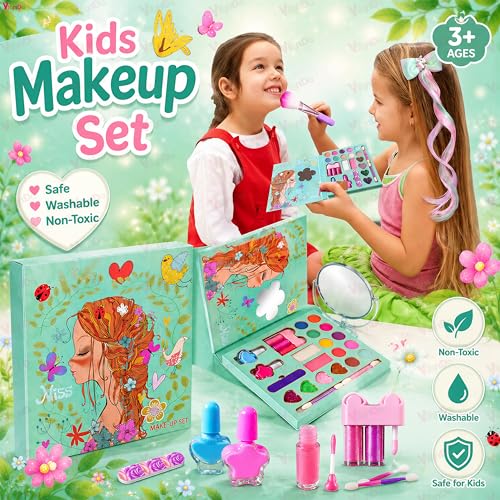 Image of VikriDA Kids Makeup Kit for Girls, Washable Pretend Play Makeup Set with Folding Cosmetic Case, Safe Non-Toxic Children Beauty Toy