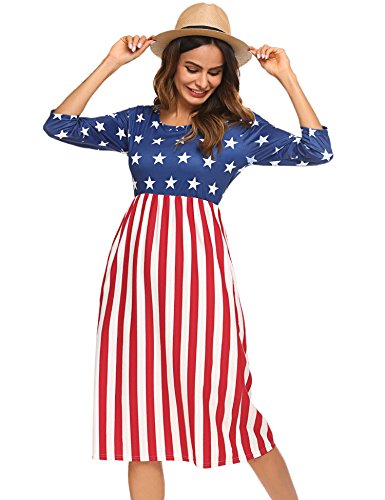 Halife Women's 3 4 Sleeve Stripe Elastic Waist Casual Dress with Pocket