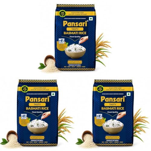 Image of Pansari Tasty Tibar Basmati Rice 5 Kg- Great Taste and Aroma - Broken Rice, Fortified with Iron and Vitamins - Ideal for Biryani, Pulao, and Everyday Meals (Pack of 3)