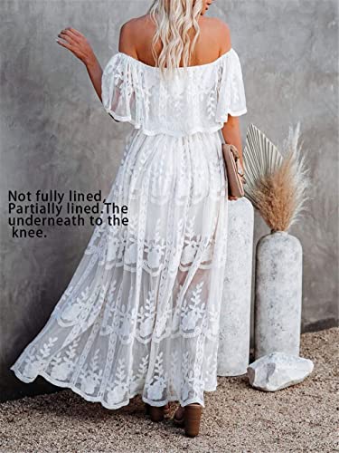 Image of HOYISHION Women's Off The Shoulder Floral Lace Maxi Dress White Bridesmaid Wedding Party Maternity Photoshoot Long Dresses