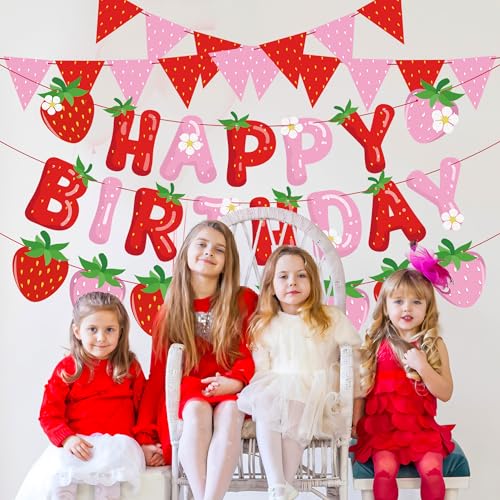 Image of 5 Packs Strawberry Happy Birthday Banner Strawberry Themed Paper Garland Red Pink Pennant Flags Bunting Banners Berry Sweet Birthday Party Decorations for Girls Birthdays Party Decor