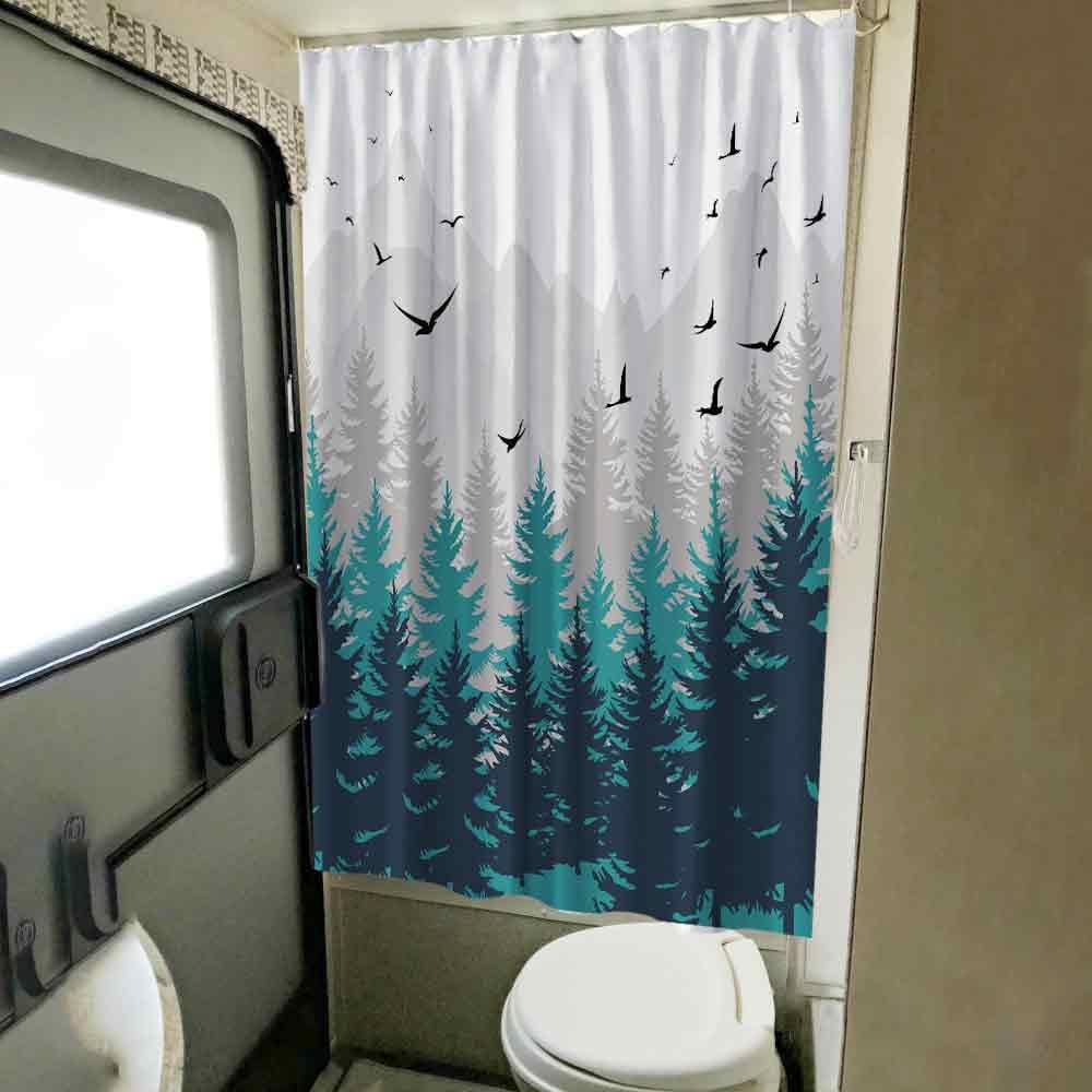 Careyoungs Forest RV Shower Curtains Mountain Happy Camper, Cloth Fabric RV Bathroom Curtain Sets with 8 Hooks 47WX64H Inches