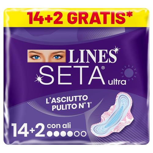 LINES SETA ULTRA GIORNO con ali, Pacco scorta da 16 assorbenti per ciclo mestruale, ali ad incastro perfetto, zero odori, Ipoallergenico, cuore lines super assorbente, filtrante seta con fori a imbuto