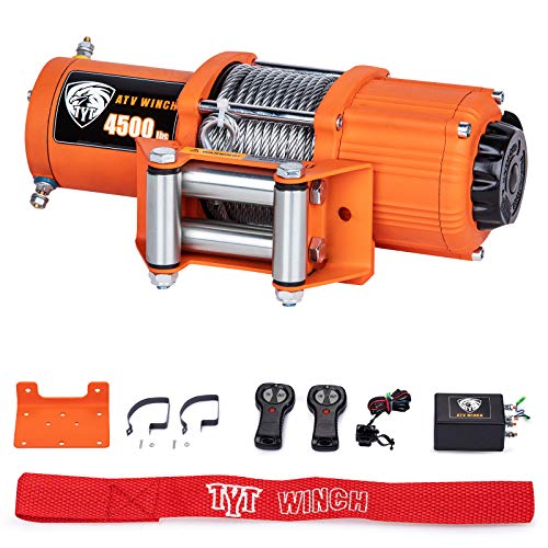 TYT 12V 4500lb  Winch with Steel Cable for Towing ATV/UTV Off Road with 4-Way Roller Fairlead IP67 Waterproof Electric Winch, 2 Wireless Remotes and Mounting Bracket