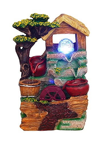 Craft Smith Polyresin Hut Style Table Top Indoor 3 Artistic Steps Waterfall Fountain for Home Decor with Multicolour LED, Speed Controller Pump & Rotating Ball (Size: 35 x 25 x 18 CM | Colour: Multi)